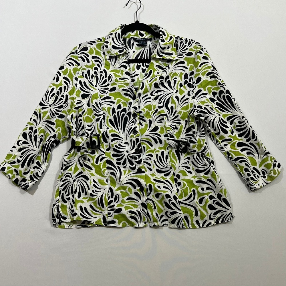 Saint Tropez West 100% Linen Jacket Large Green Black Abstract Floral Button Up